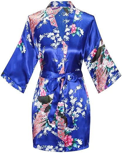 Women Satin Print Bathrobe Short Long Kimono Wedding Bridesmaids Robe Night Gown Dress