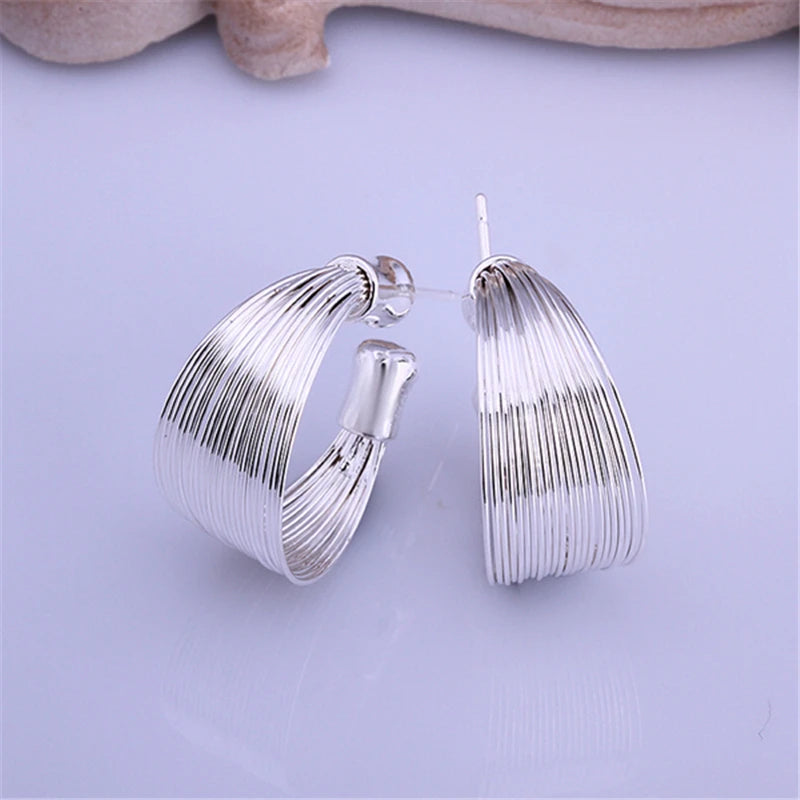 Women 925 Sterling Silver Smooth Multi-line Stud Earrings For Woman Wedding Engagement Fashion Party Charm Jewelry