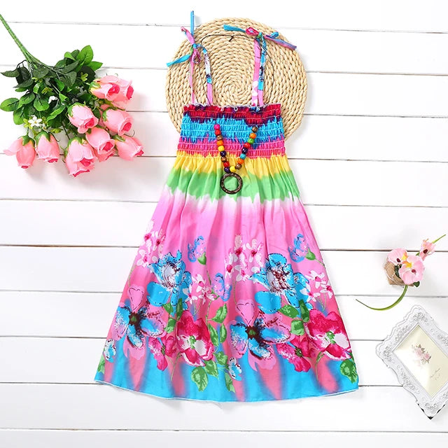 Kids Girls Floral Sling Ruffles Bohemian Beach Princess Birthday Party Dress w/ Necklace