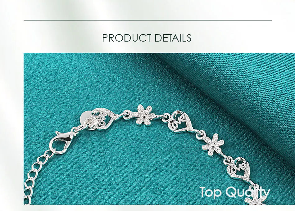 925 Sterling Silver Full Heart Love Flower Chain Women Wedding Engagement Party Bracelet