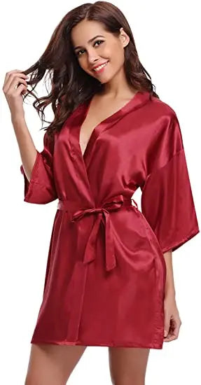 Women Nightgown Solid Color Kimono Bathrobe Satin Wedding Bridal Sleepwear