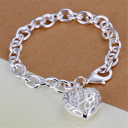 925 Sterling Silver Hollow Heart Woman Wedding Engagement Fashion Party Charm Pendant Bracelet