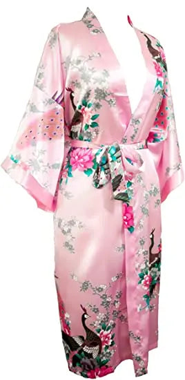 Satin Women Wedding Bridesmaids Crane Print Bathrobe Short Long Kimono Night Gown