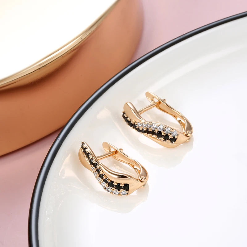 Women Black Natural Zircon Dangle 585 Rose Gold Color Romantic Wedding Earrings