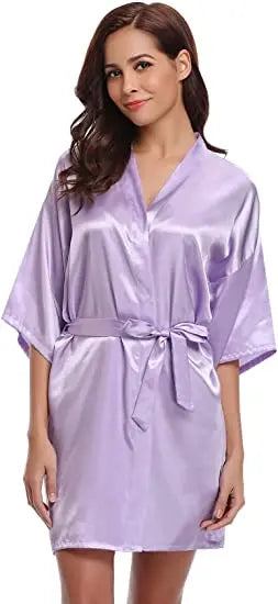 Women Nightgown Solid Color Kimono Bathrobe Satin Wedding Bridal Sleepwear