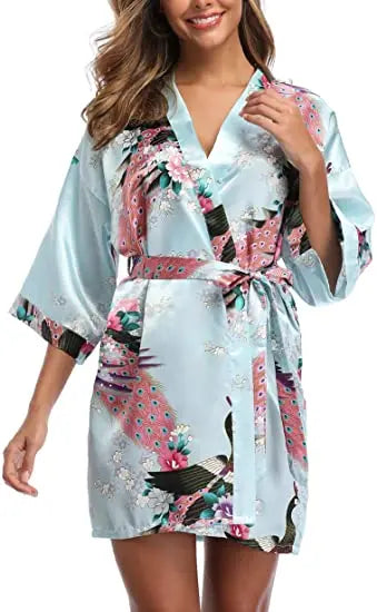 Women Satin Print Bathrobe Short Long Kimono Wedding Bridesmaids Robe Night Gown Dress