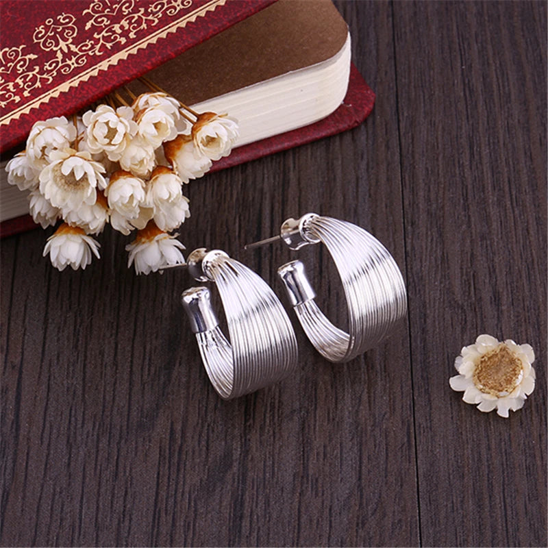 Women 925 Sterling Silver Smooth Multi-line Stud Earrings For Woman Wedding Engagement Fashion Party Charm Jewelry