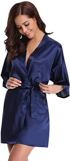 Women Nightgown Solid Color Kimono Bathrobe Satin Wedding Bridal Sleepwear