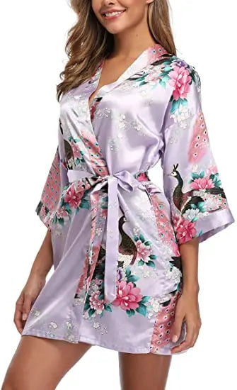 Women Satin Print Bathrobe Short Long Kimono Wedding Bridesmaids Robe Night Gown Dress