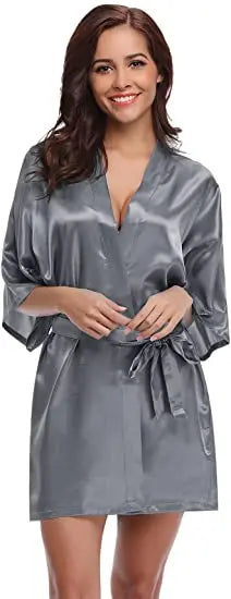 Women Nightgown Solid Color Kimono Bathrobe Satin Wedding Bridal Sleepwear