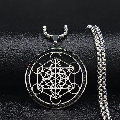 Women Metatron Sacred Geometry Symbol Flower of Life Stainless Steel Crystal Pendant Necklace