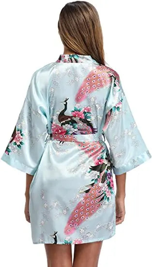 Women Satin Print Bathrobe Short Long Kimono Wedding Bridesmaids Robe Night Gown Dress