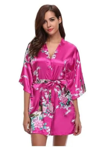 Women Satin Print Bathrobe Short Long Kimono Wedding Bridesmaids Robe Night Gown Dress