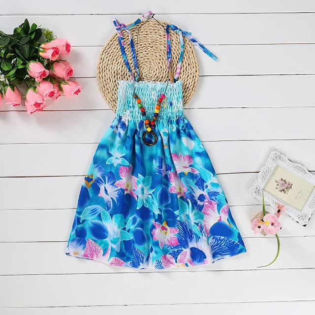 Kids Girls Floral Sling Ruffles Bohemian Beach Princess Birthday Party Dress w/ Necklace