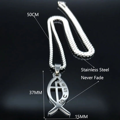 Women Men Stainless Steel Gold Color Christian Jesus Fish Cross Pendant Necklace