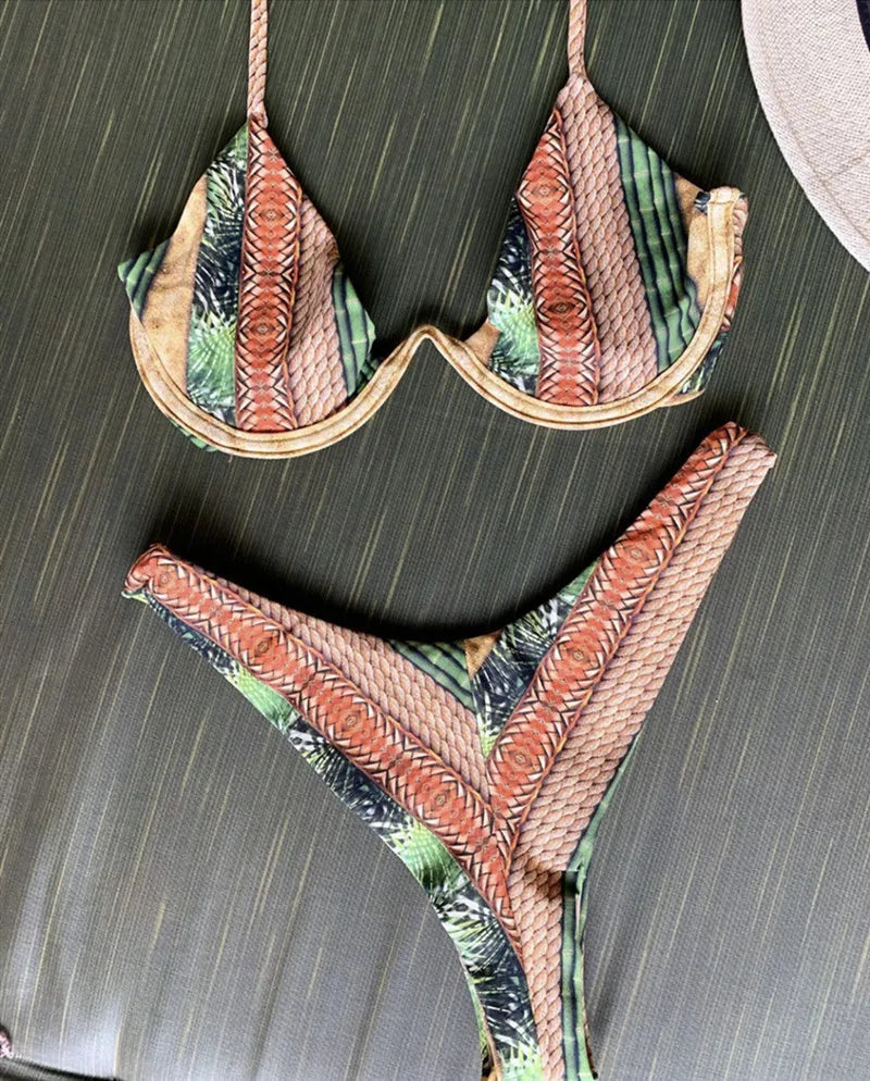 Sexy Print Swimsuit Bandage Two-Piece Swimwear Brazilian Beachwear Bathing Suit