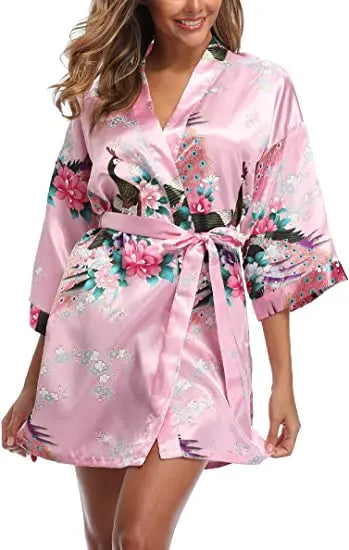 Women Satin Print Bathrobe Short Long Kimono Wedding Bridesmaids Robe Night Gown Dress