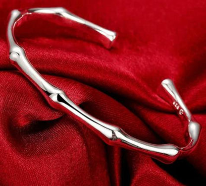 925 Sterling Silver Bamboo Joint Opening Women Wedding Engagement Party Fashion Cuff Bracelet Bangles