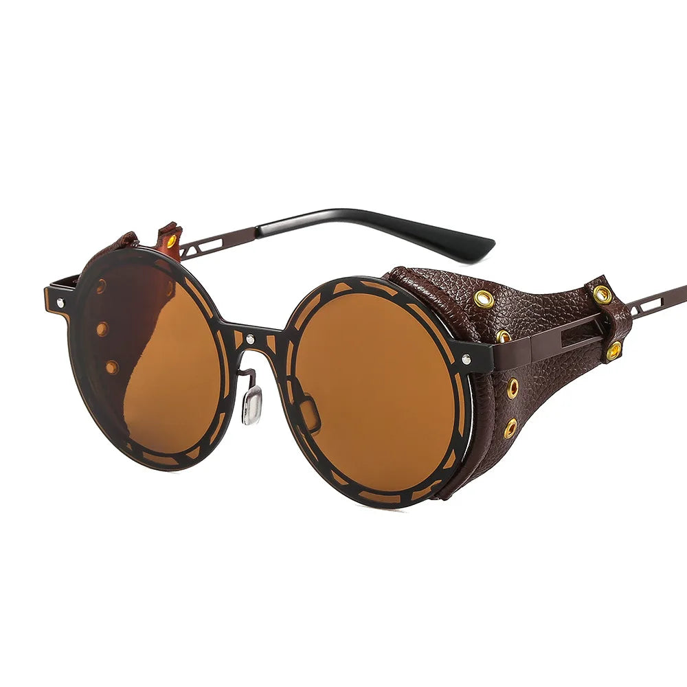 Oversized Men Women Vintage Designer Punk Metal Shades Round Steampunk Leather Eyeglasses UV400 Sunglasses