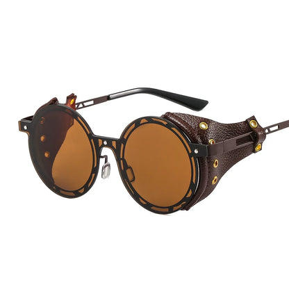Oversized Men Women Vintage Designer Punk Metal Shades Round Steampunk Leather Eyeglasses UV400 Sunglasses