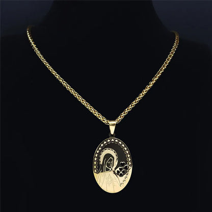 Women Men Gold Color Double Layer Stainless Steel Virgin Mary Medal Long Chain Pendant Necklace