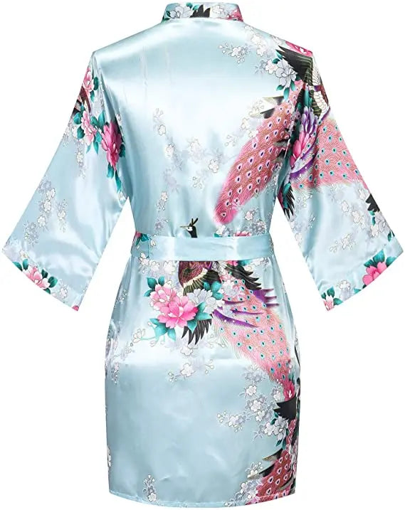 Women Satin Print Bathrobe Short Long Kimono Wedding Bridesmaids Robe Night Gown Dress