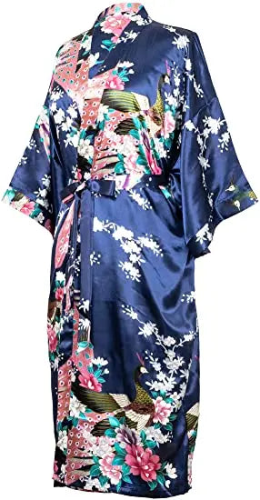 Satin Women Wedding Bridesmaids Crane Print Bathrobe Short Long Kimono Night Gown
