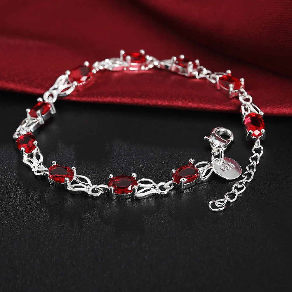 925 Sterling Silver Charm Red Zircon Women Wedding Engagement Party Fashion Bracelet