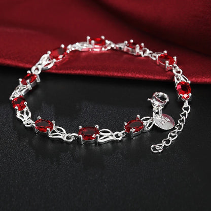925 Sterling Silver Charm Red Zircon Women Wedding Engagement Party Fashion Bracelet