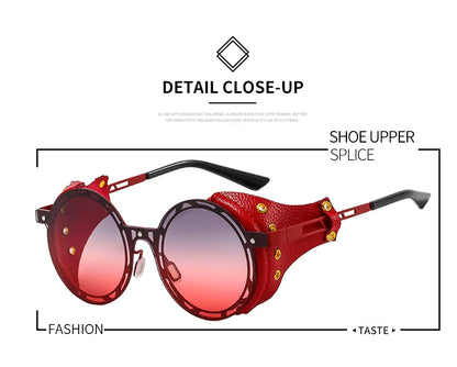 Oversized Men Women Vintage Designer Punk Metal Shades Round Steampunk Leather Eyeglasses UV400 Sunglasses