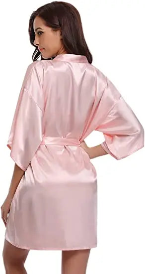 Women Nightgown Solid Color Kimono Bathrobe Satin Wedding Bridal Sleepwear
