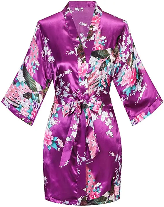 Women Satin Print Bathrobe Short Long Kimono Wedding Bridesmaids Robe Night Gown Dress
