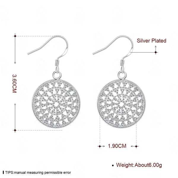 Women 925 Sterling Silver Hollow Out Round Plate Charm Wedding Engagement Party Earrings