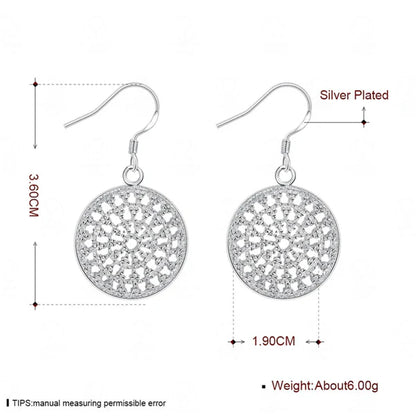 Women 925 Sterling Silver Hollow Out Round Plate Charm Wedding Engagement Party Earrings