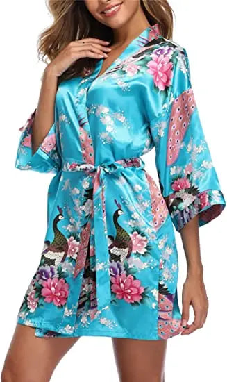 Women Satin Print Bathrobe Short Long Kimono Wedding Bridesmaids Robe Night Gown Dress
