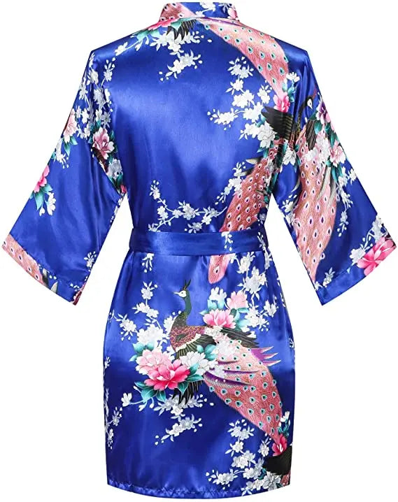 Women Satin Print Bathrobe Short Long Kimono Wedding Bridesmaids Robe Night Gown Dress