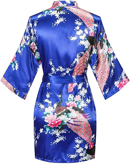 Women Satin Print Bathrobe Short Long Kimono Wedding Bridesmaids Robe Night Gown Dress