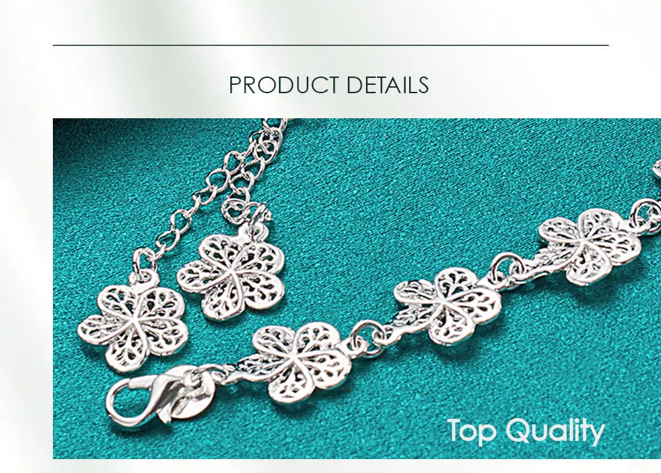 925 Sterling Silver Full Flower Chain Women Wedding Engagement Party Fashion Bracelet