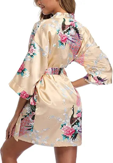 Women Satin Print Bathrobe Short Long Kimono Wedding Bridesmaids Robe Night Gown Dress
