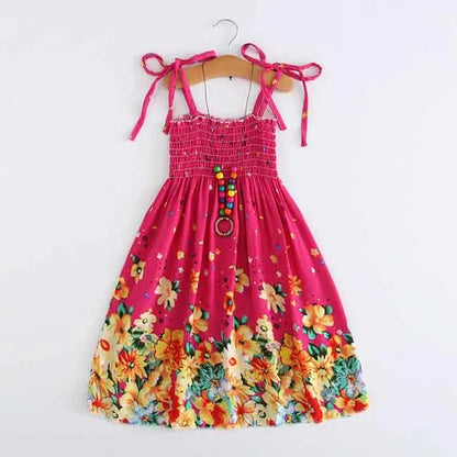 Kids Girls Floral Sling Ruffles Bohemian Beach Princess Birthday Party Dress w/ Necklace