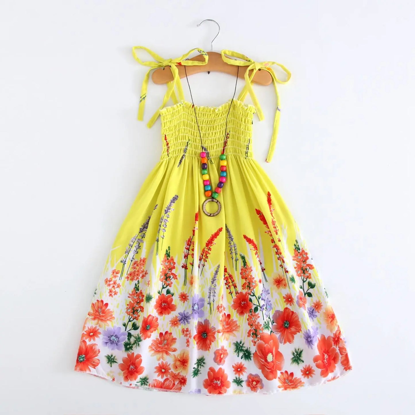 Kids Girls Floral Sling Ruffles Bohemian Beach Princess Birthday Party Dress w/ Necklace