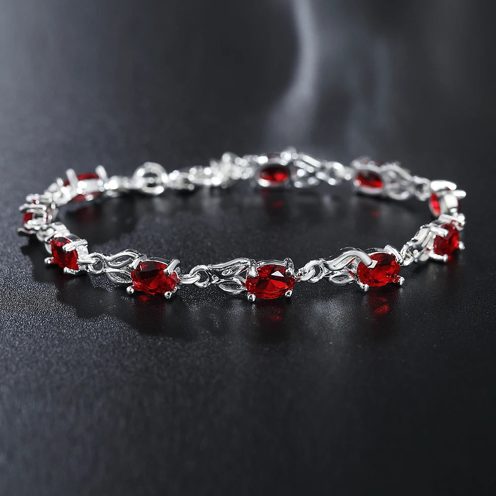 925 Sterling Silver Charm Red Zircon Women Wedding Engagement Party Fashion Bracelet