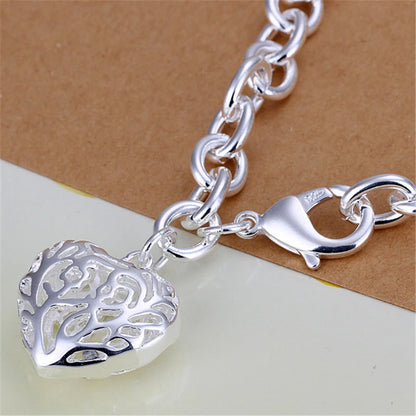 925 Sterling Silver Hollow Heart Woman Wedding Engagement Fashion Party Charm Pendant Bracelet