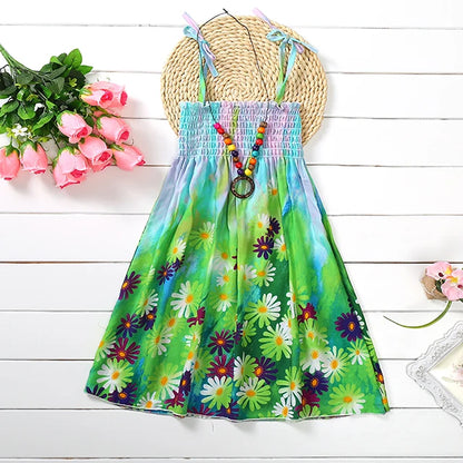 Kids Girls Floral Sling Ruffles Bohemian Beach Princess Birthday Party Dress w/ Necklace