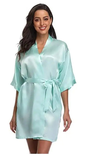 Women Nightgown Solid Color Kimono Bathrobe Satin Wedding Bridal Sleepwear