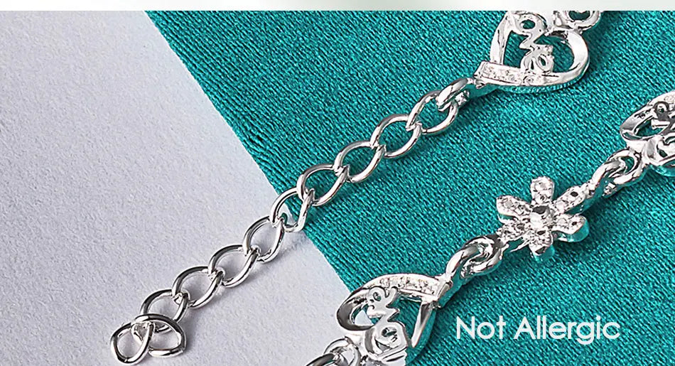 925 Sterling Silver Full Heart Love Flower Chain Women Wedding Engagement Party Bracelet