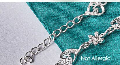 925 Sterling Silver Full Heart Love Flower Chain Women Wedding Engagement Party Bracelet