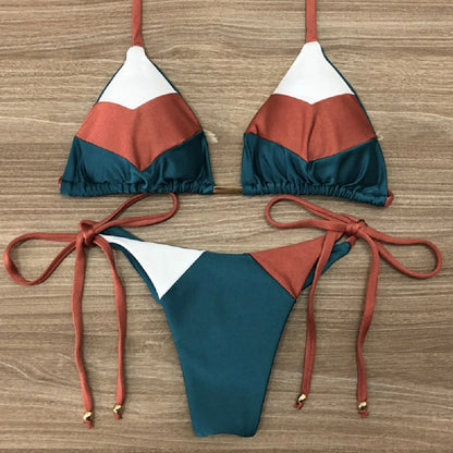 Sexy Halter Thong Micro Push Up Brazilian Bikini Tropical Plant Print Swimwear String Mini Swimsuit