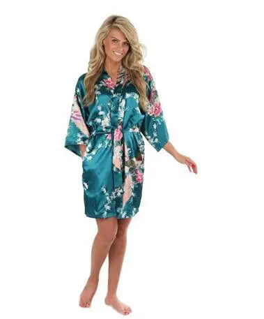 Women Satin Print Bathrobe Short Long Kimono Wedding Bridesmaids Robe Night Gown Dress