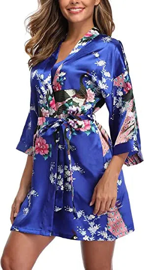 Women Satin Print Bathrobe Short Long Kimono Wedding Bridesmaids Robe Night Gown Dress
